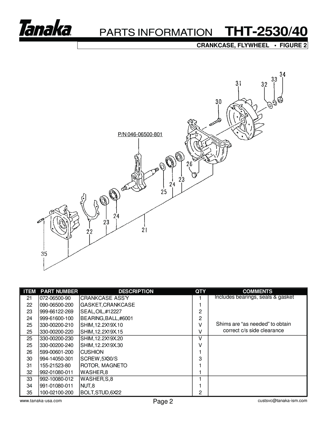 Tanaka THT-2530/2540, THT-2540/2530 manual CRANKCASE, Flywheel Figure, BEARING,BALL,#6001 