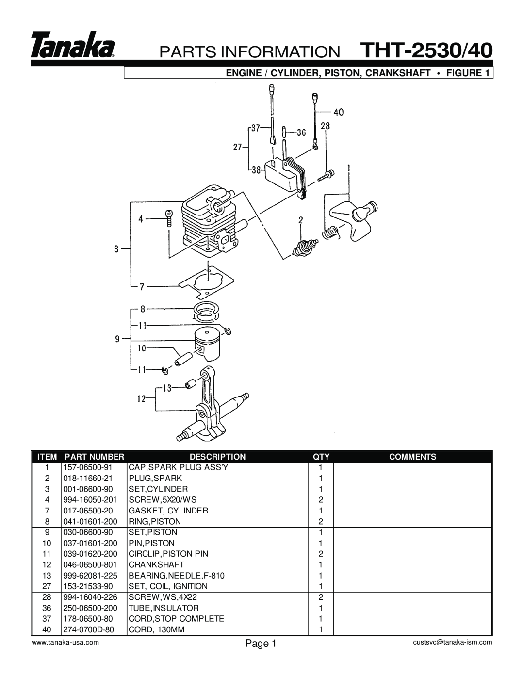 Tanaka THT-2540/2530 PARTS INFORMATION THT-2530/40, Engine / Cylinder, Piston, Crankshaft Figure, Part Number, Description 