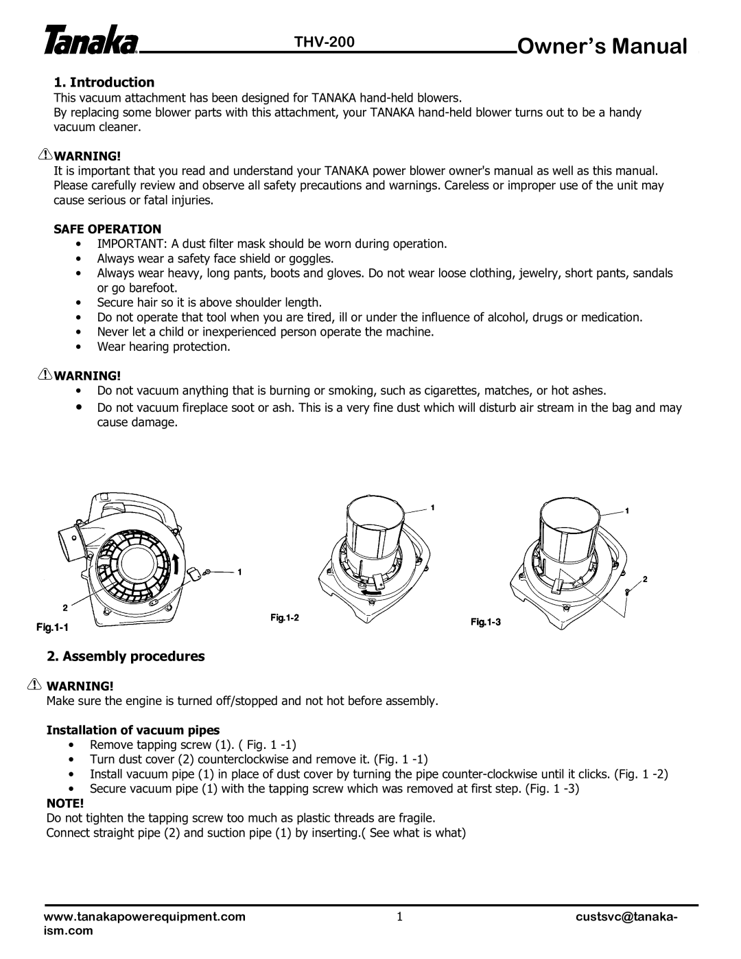 Tanaka THV-200 manual Introduction, Assembly procedures, Installation of vacuum pipes 