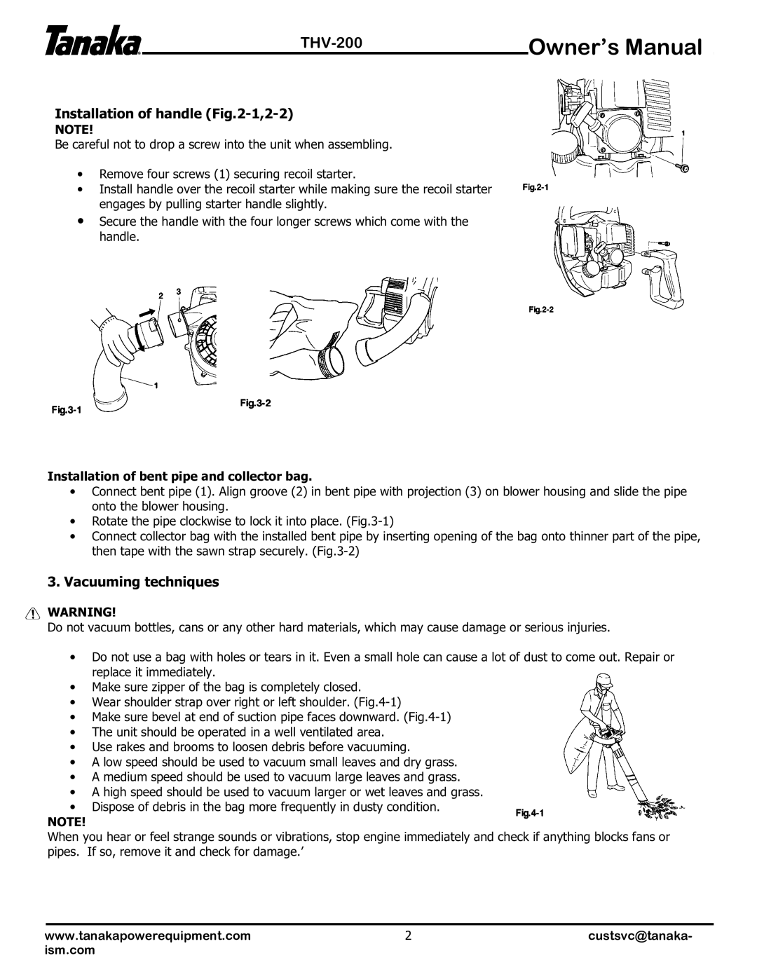 Tanaka THV-200 manual Installation of handle -1,2-2, Vacuuming techniques, Installation of bent pipe and collector bag 