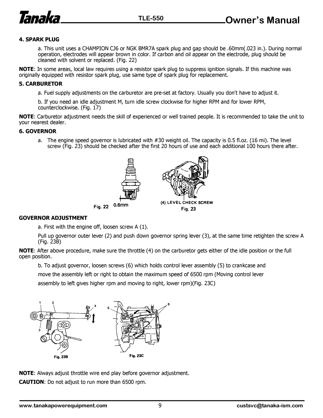 Tanaka TLE-550 manual Spark Plug, Carburetor, Governor Adjustment 