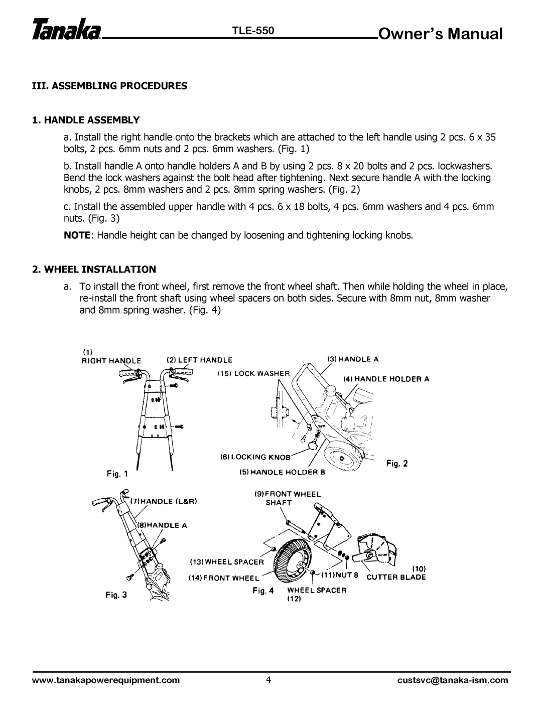 Tanaka TLE-550 manual III. Assembling Procedures Handle Assembly, Wheel Installation 