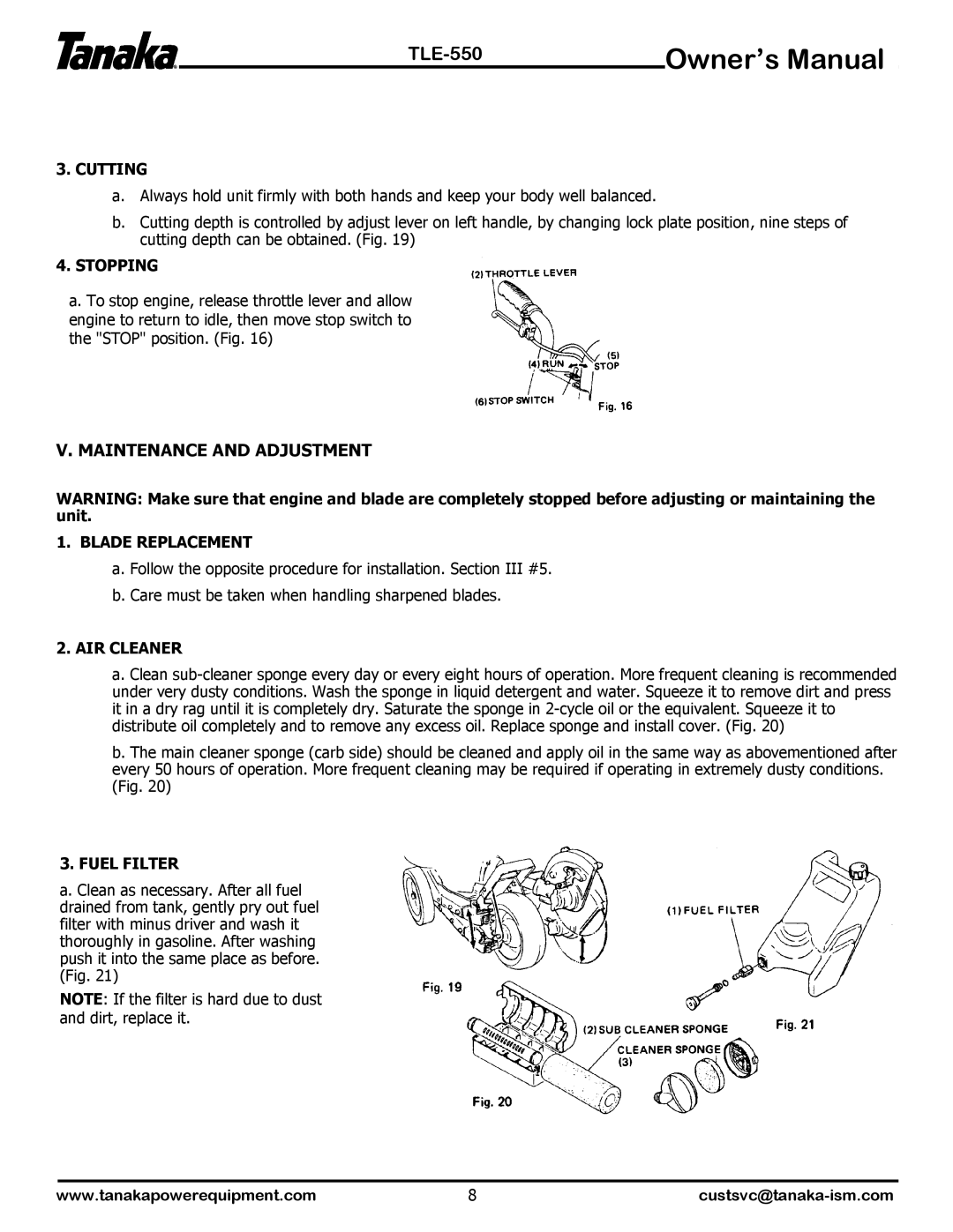 Tanaka TLE-550 manual Maintenance and Adjustment 