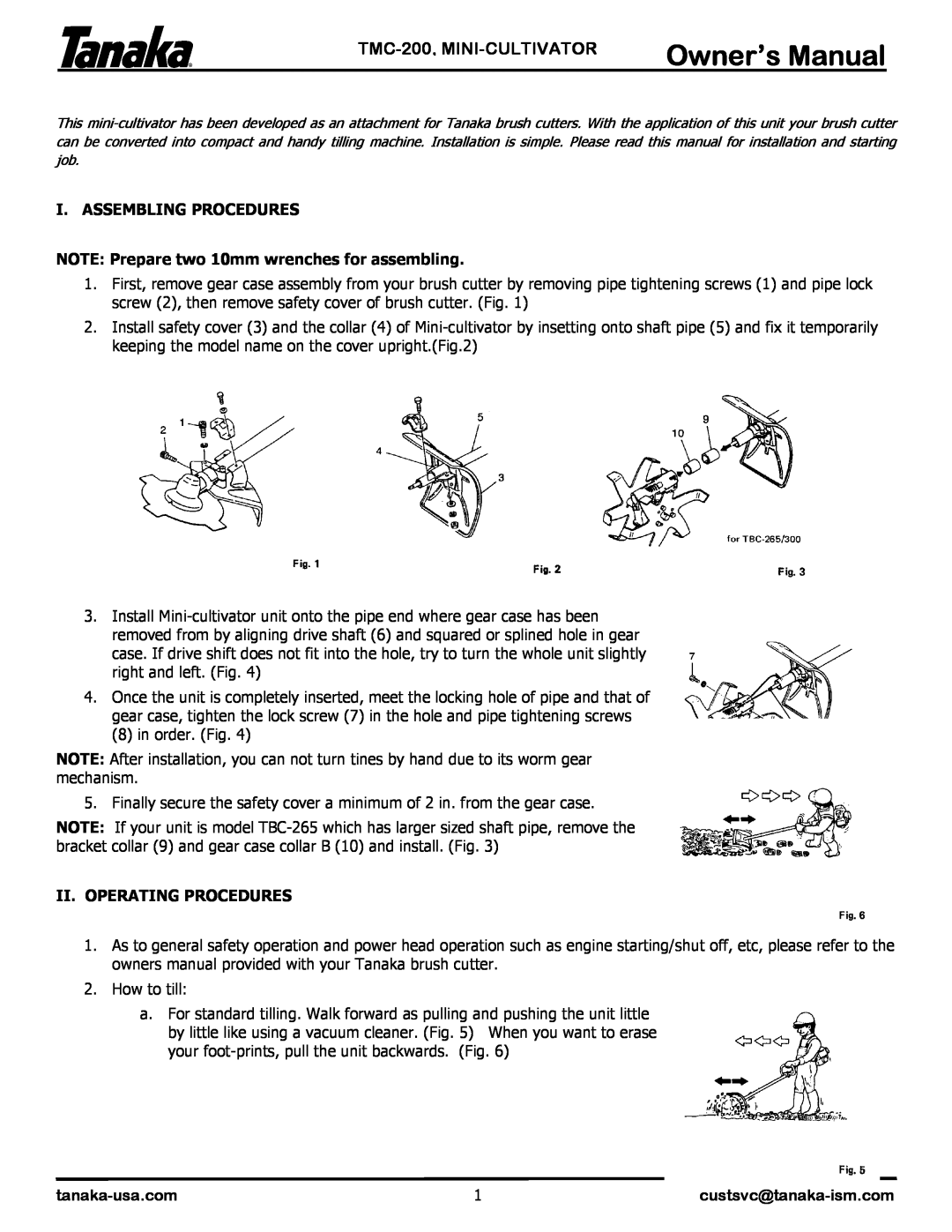 Tanaka manual TMC-200, MINI-CULTIVATOR, I. Assembling Procedures, NOTE Prepare two 10mm wrenches for assembling 