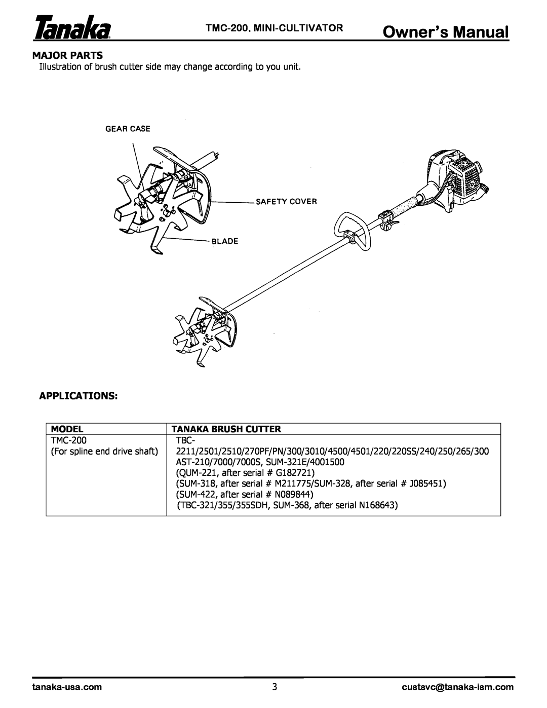 Tanaka manual TMC-200, MINI-CULTIVATOR, Major Parts, Applications, Model, Tanaka Brush Cutter 