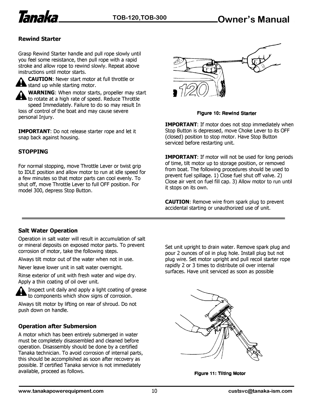 Tanaka TOB-300, TOB-120 manual Rewind Starter, Salt Water Operation, Operation after Submersion 