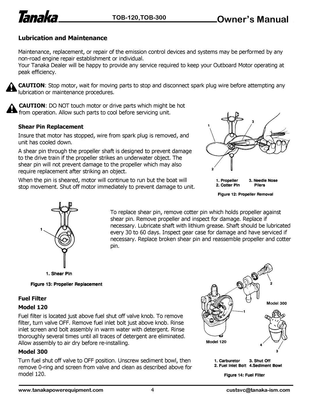 Tanaka TOB-120, TOB-300 manual Lubrication and Maintenance, Shear Pin Replacement, Fuel Filter Model 