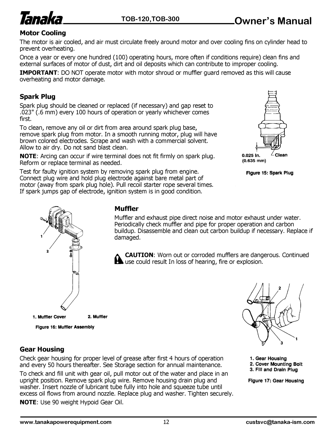 Tanaka TOB-300, TOB-120 manual Motor Cooling, Spark Plug, Muffler, Gear Housing 