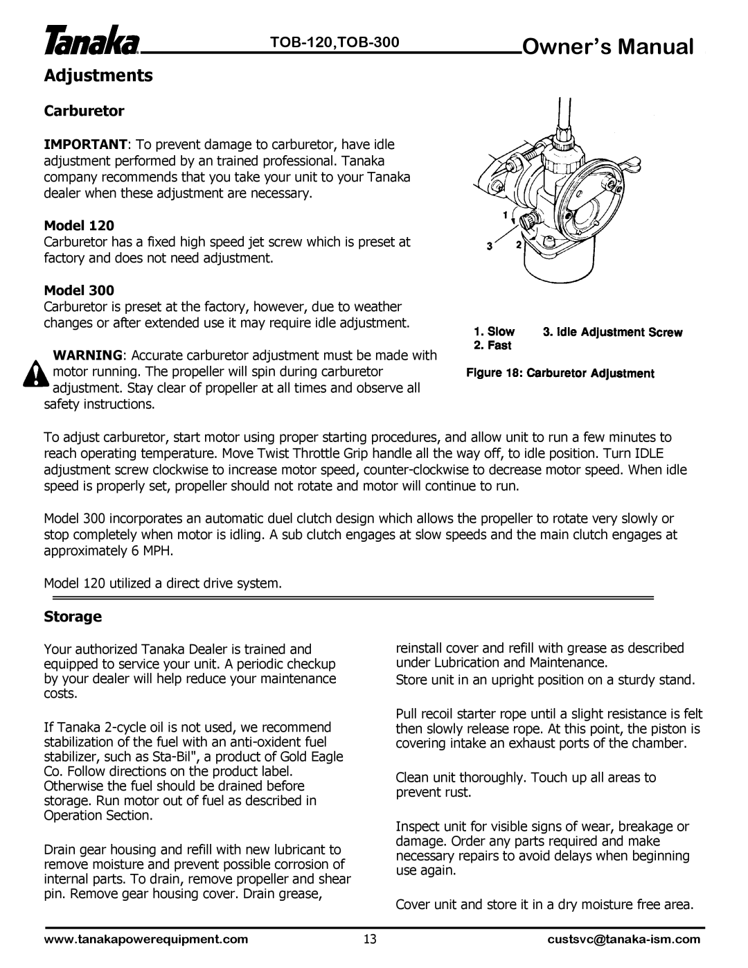 Tanaka TOB-120, TOB-300 manual Adjustments, Carburetor, Storage 