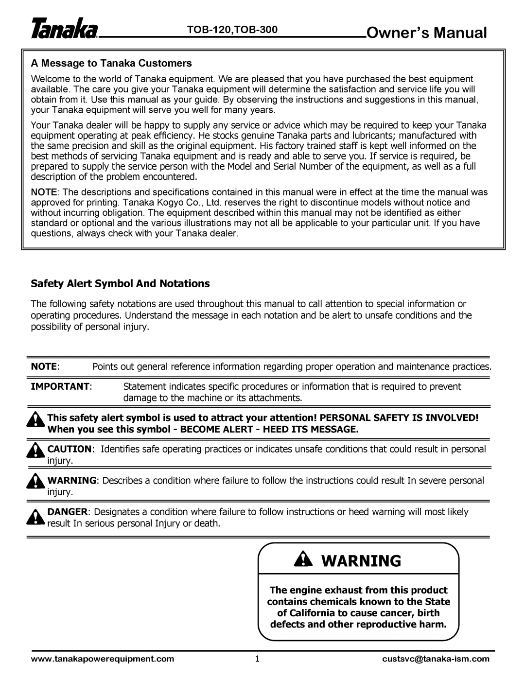 Tanaka manual TOB-120,TOB-300 Message to Tanaka Customers, Safety Alert Symbol And Notations 