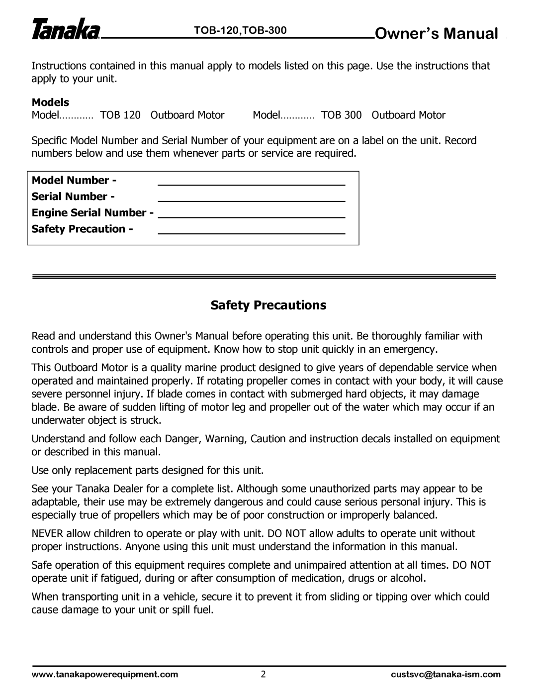 Tanaka manual Safety Precautions, TOB-120,TOB-300, Models 