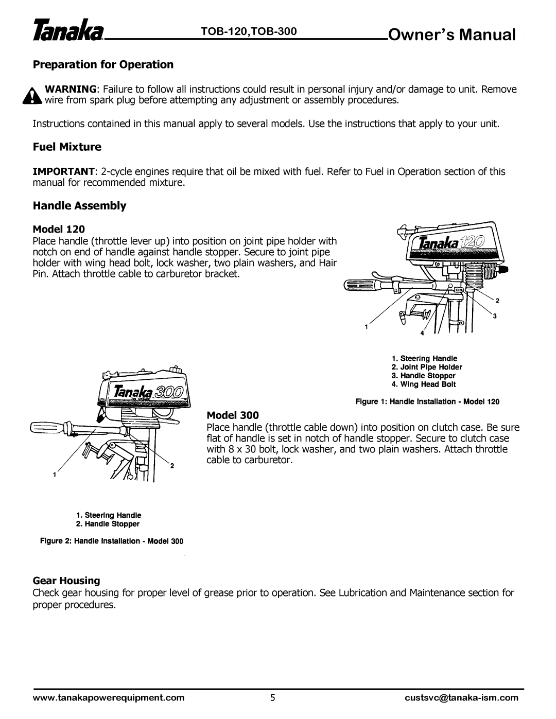 Tanaka TOB-120, TOB-300 manual Preparation for Operation, Fuel Mixture, Handle Assembly, Model, Gear Housing 