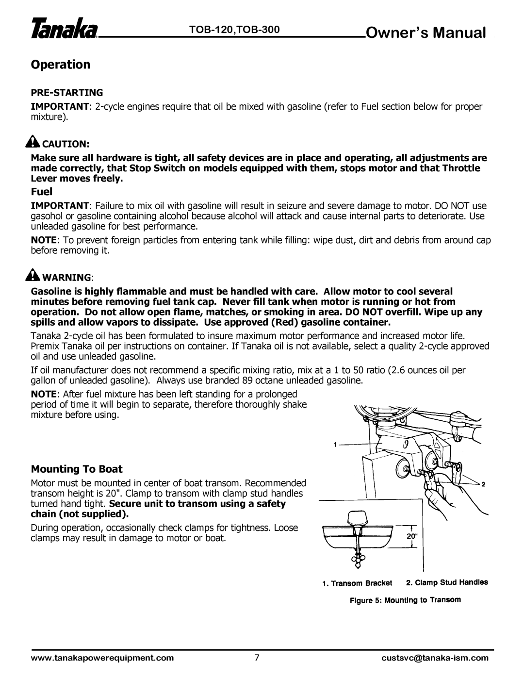 Tanaka TOB-120, TOB-300 manual Operation, Fuel, Mounting To Boat 