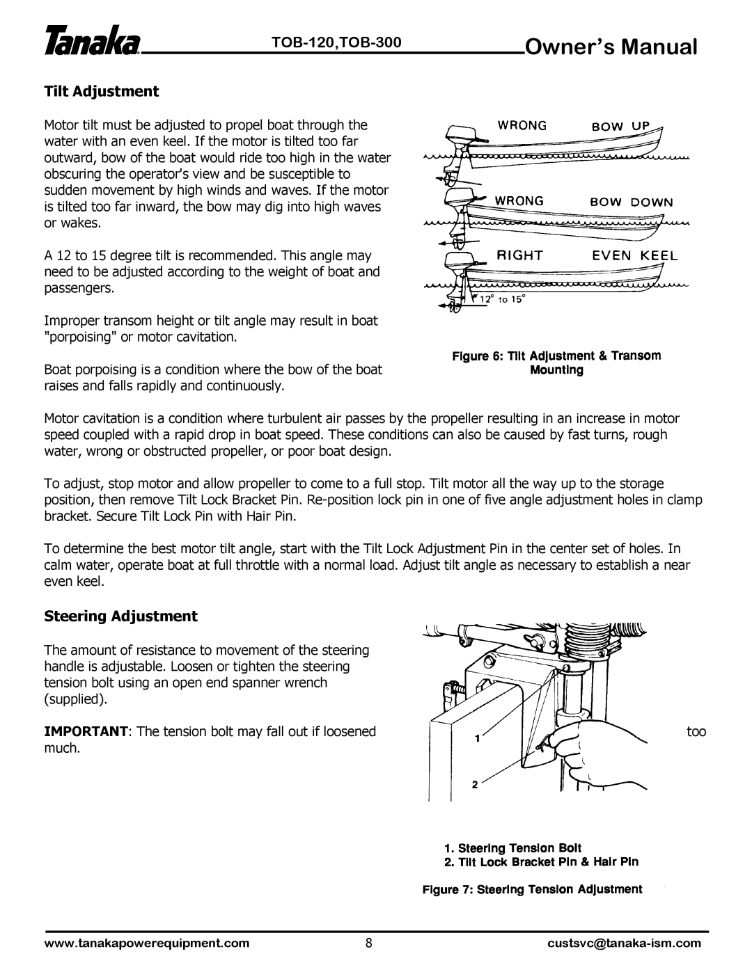 Tanaka TOB-300, TOB-120 manual Tilt Adjustment, Steering Adjustment 