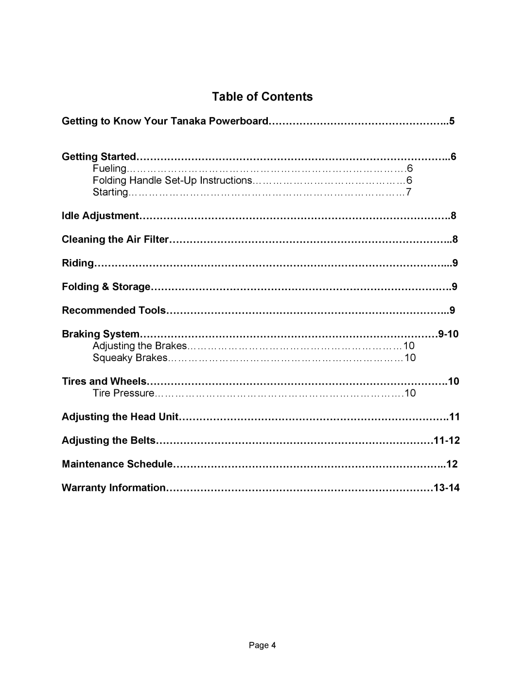 Tanaka TPB-400GX, TPB-350GX owner manual Table of Contents 