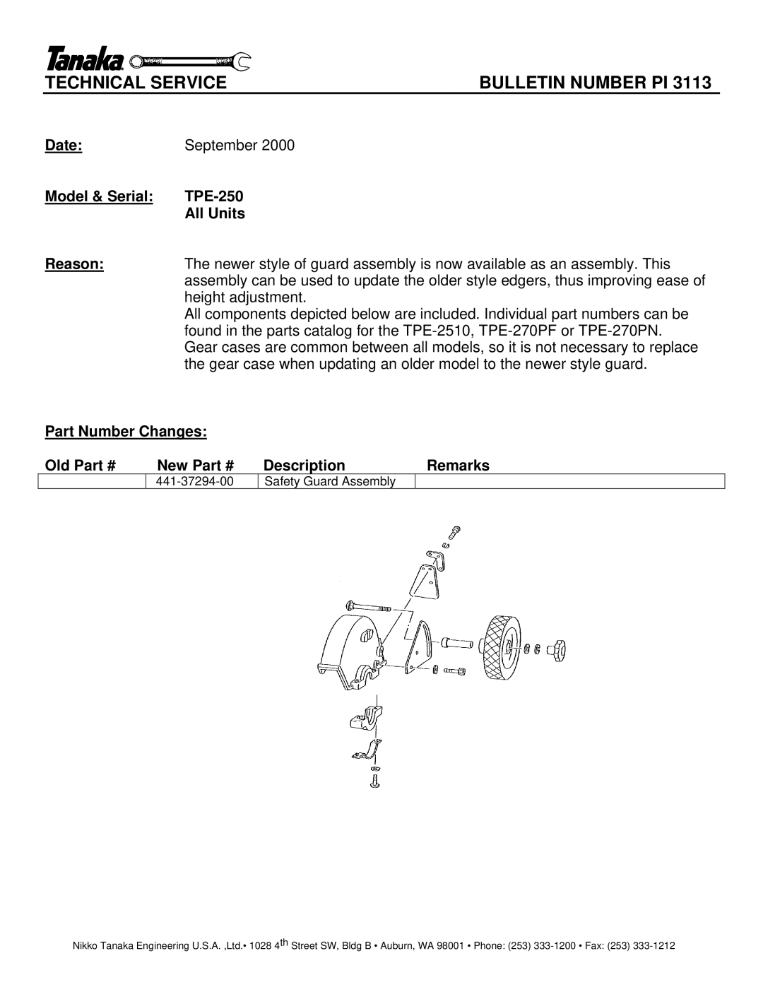 Tanaka TPE-250 manual Technical Service Bulletin Number PI 