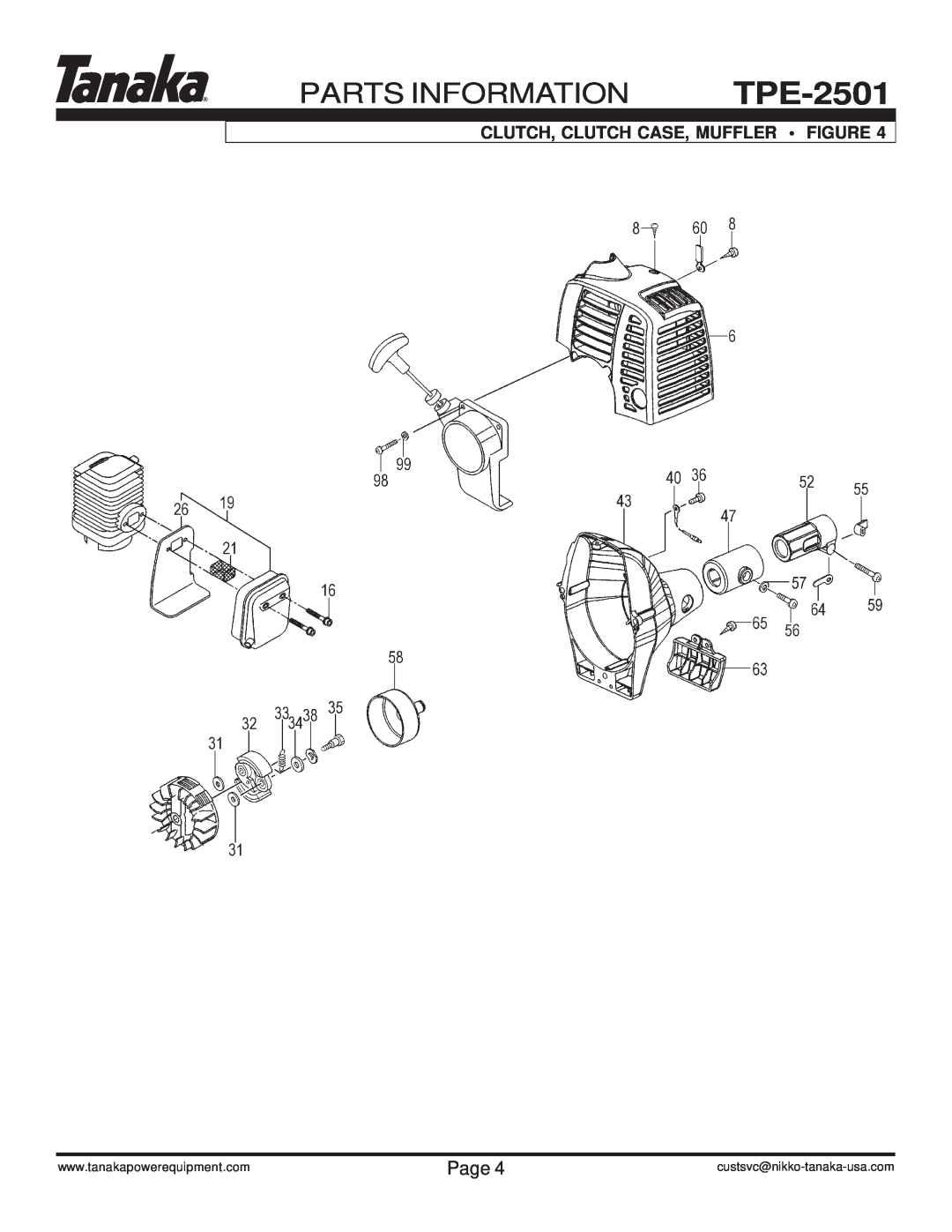 Tanaka TPE-2501 manual Parts Information, Clutch, Clutch Case, Muffler • Figure, Page, custsvc@nikko-tanaka-usa.com 