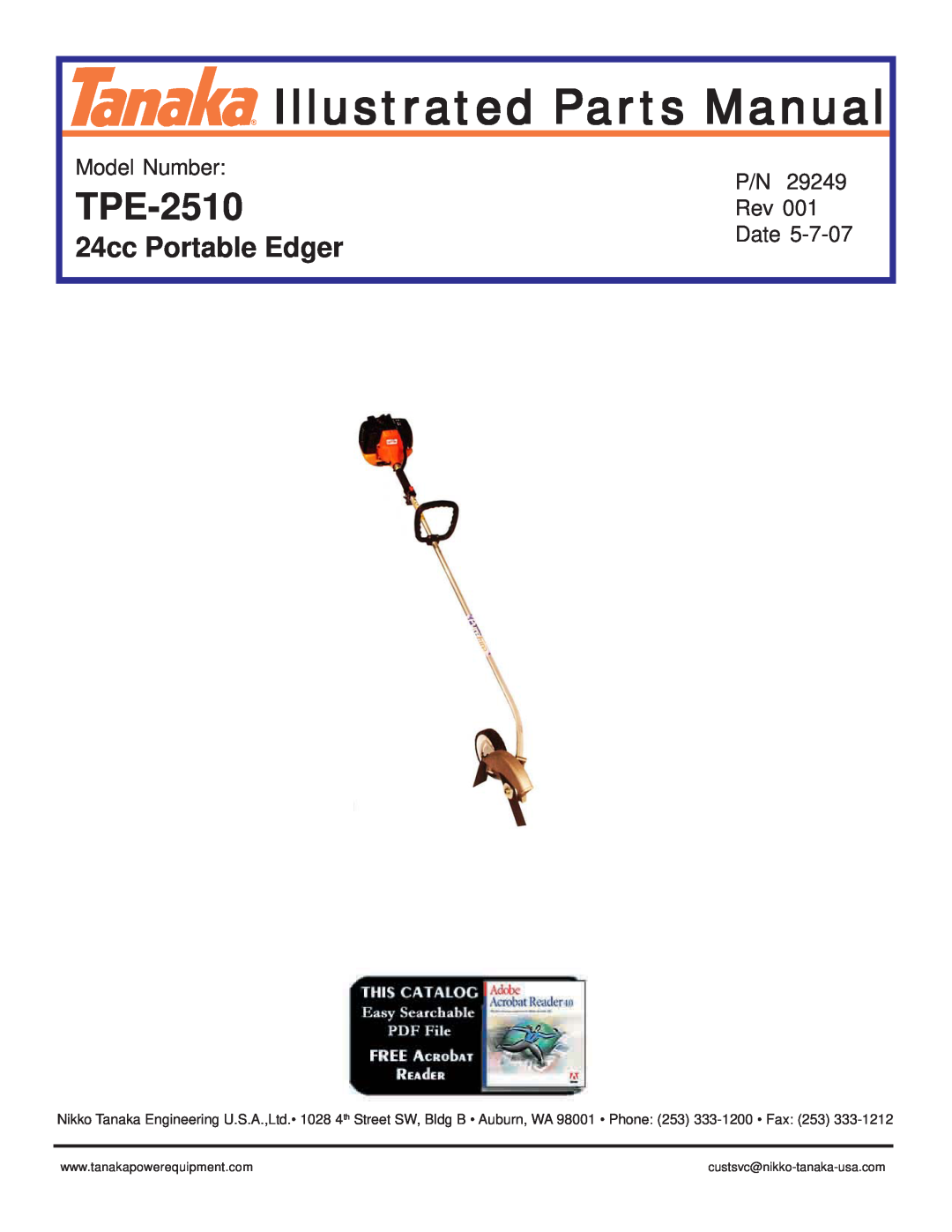 Tanaka TPE-25OPF manual Pole Edgers, Owner’s Manual, TPE-2501,TPE-2510, TPE-250PF,TPE-270PF/PN, Model Numbers, Date 