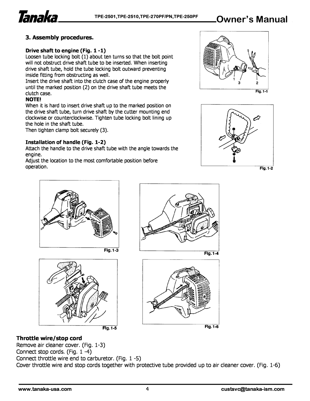 Tanaka TPE-25OPF, TPE-270PF/PN, TPE-2510, TPE-2501 manual Assembly procedures, Throttle wire/stop cord 