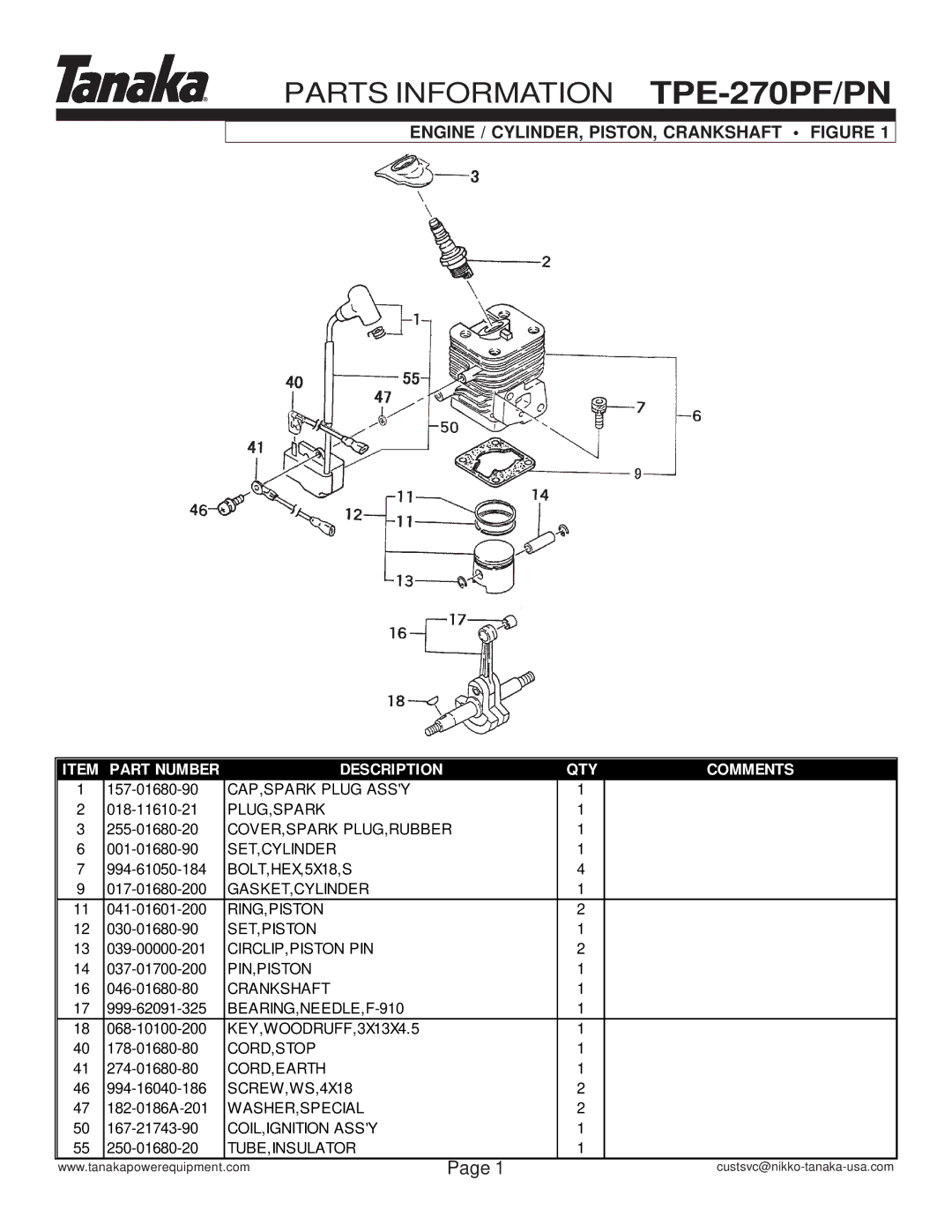 Tanaka TPE-270PN manual Parts Information TPE-270PF/PN, Engine / CYLINDER, PISTON, Crankshaft Figure 