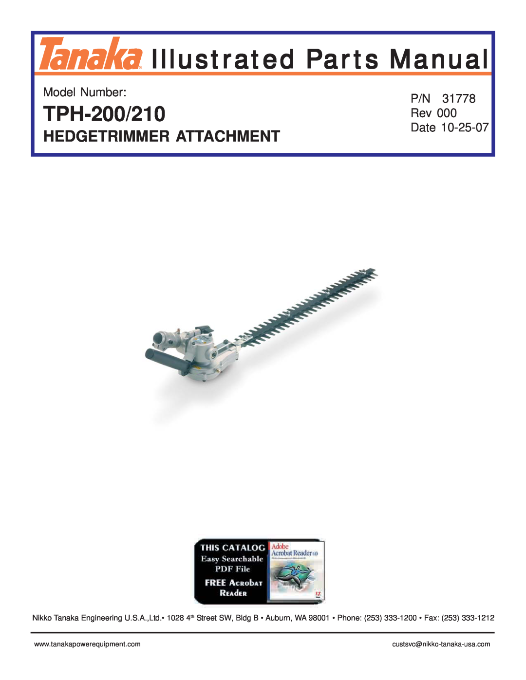 Tanaka TPH-210 manual Hedgetrimmer Attachment, Model Number, Illustrated Parts Manual, TPH-200/210, Date 