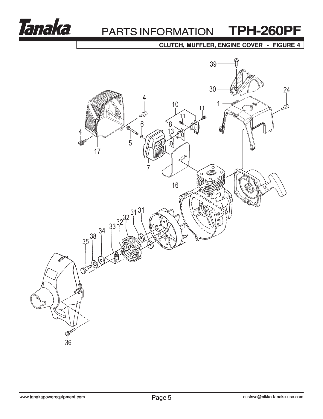 Tanaka manual Clutch, Muffler, Engine Cover Figure, PARTS INFORMATION TPH-260PF, Page, custsvc@nikko-tanaka-usa.com 