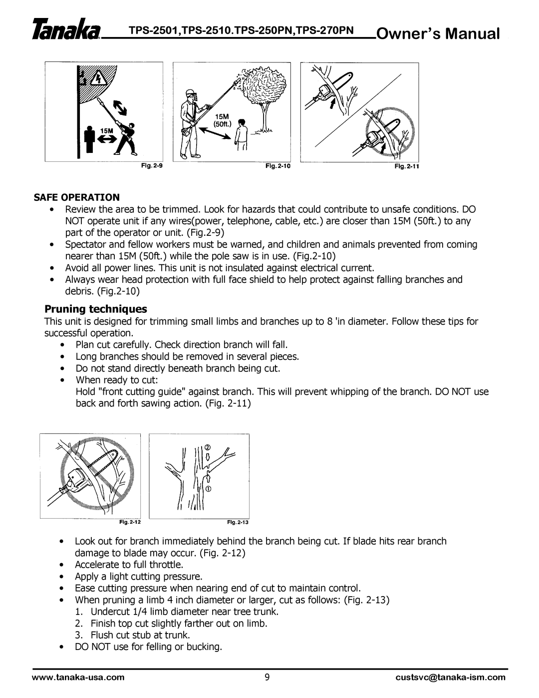 Tanaka TPS-2510, TPS-2510, TPS-250PF/PN, TPS-270PF/PN, TPS-2501, TPS-250PN owner manual Pruning techniques, Safe Operation 