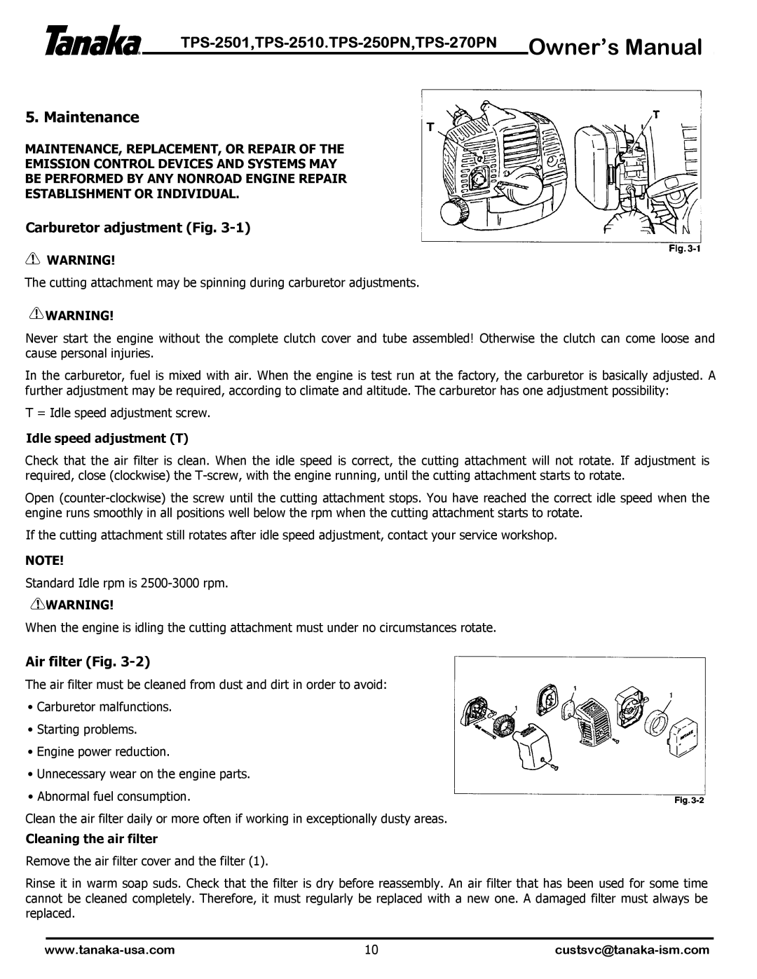 Tanaka TPS2501, TPS-2510, TPS250PF/PN, TPS-270PF/PN, TPS-2501 Maintenance, Carburetor adjustment Fig, Air filter Fig 