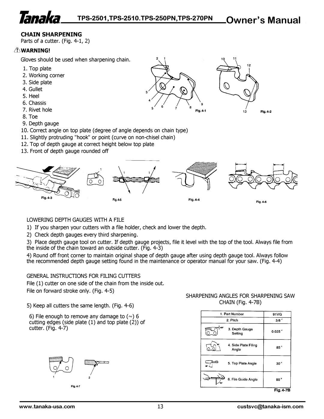 Tanaka TPS-2510, TPS-2510, TPS-250PF/PN, TPS-270PF/PN, TPS-2501, TPS-250PN owner manual Chain Sharpening 