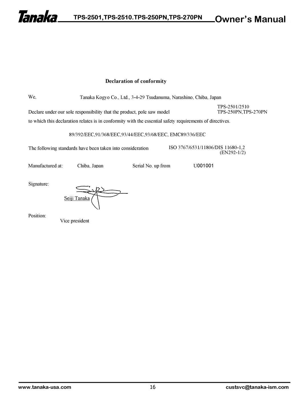 Tanaka TPS-250PN, TPS-2501, TPS-2510, TPS-2510, TPS-250PF/PN, TPS-270PF/PN owner manual Declaration of conformity 