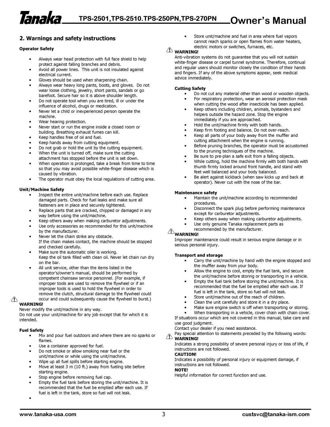 Tanaka TPS-2501, TPS-250PN, TPS-2510, TPS-2510, TPS-250PF/PN, TPS-270PF/PN owner manual Operator Safety 