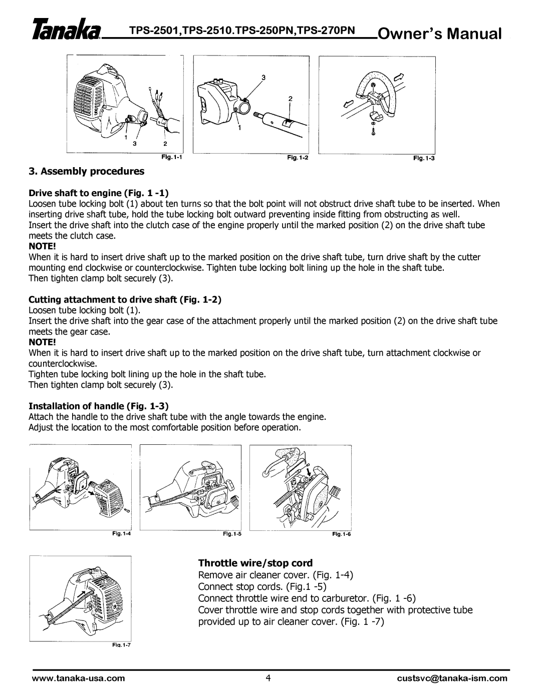 Tanaka TPS-250PN, TPS-2501 Assembly procedures, Throttle wire/stop cord, Drive shaft to engine, Installation of handle Fig 