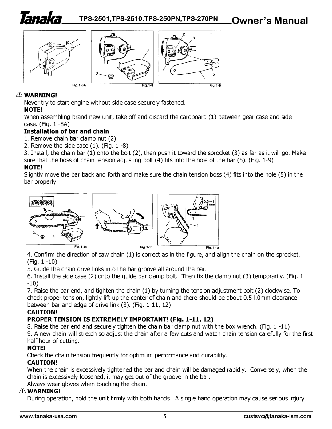 Tanaka TPS-2510, TPS-2510, TPS-250PF/PN, TPS-270PF/PN, TPS-2501, TPS-250PN owner manual Installation of bar and chain 