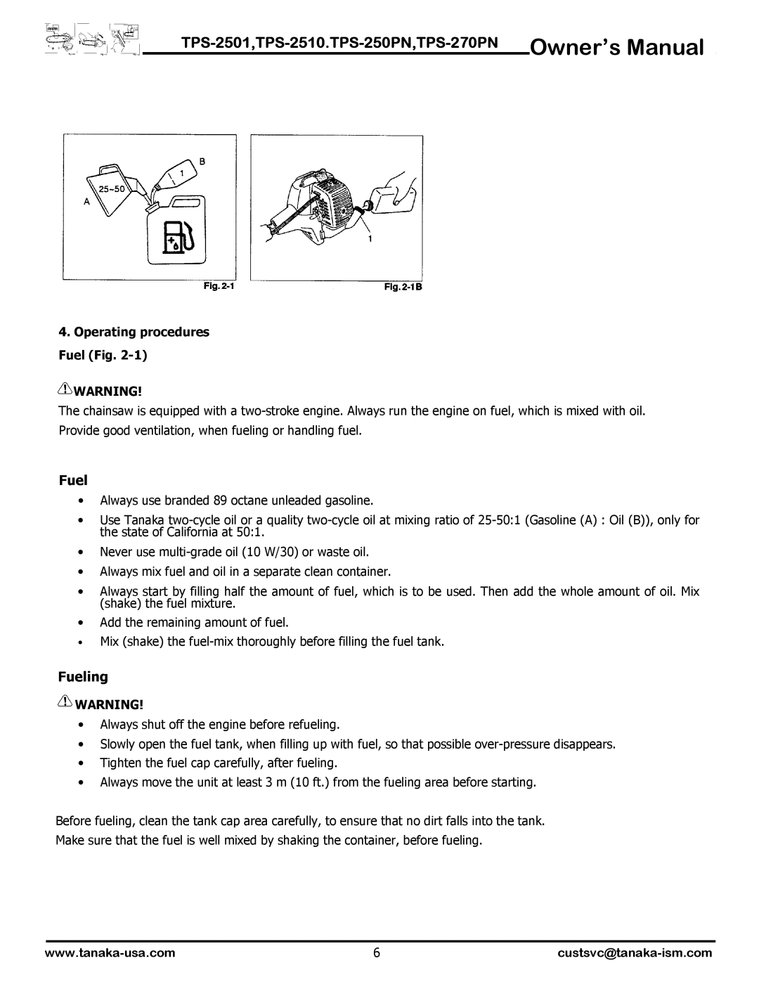 Tanaka TPS2501, TPS-2510, TPS250PF/PN, TPS-270PF/PN, TPS-2501, TPS-250PN Fueling, Operating procedures Fuel Fig 