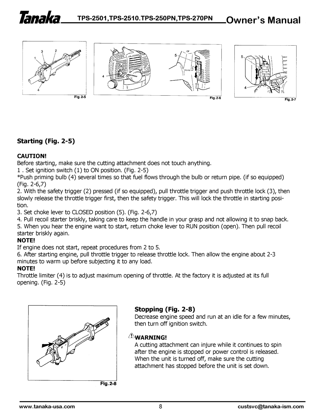 Tanaka TPS-250PN, TPS-2501, TPS-2510, TPS-2510, TPS-250PF/PN, TPS-270PF/PN owner manual Starting Fig, Stopping Fig 