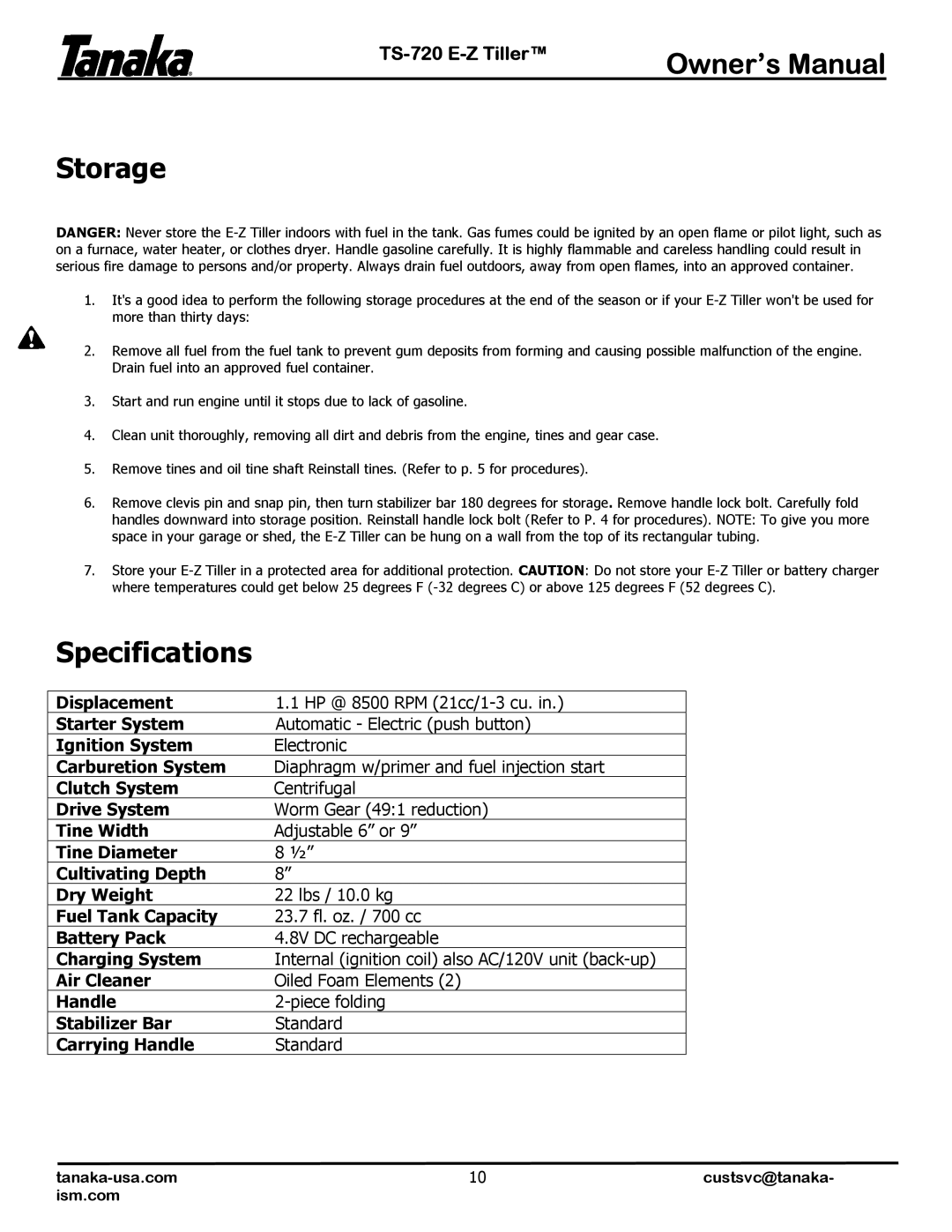 Tanaka TS-720 manual Storage, Specifications 