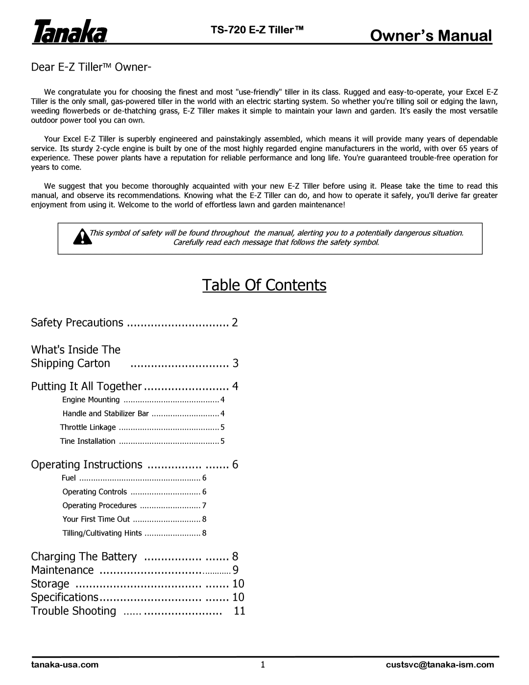 Tanaka TS-720 manual Table Of Contents 