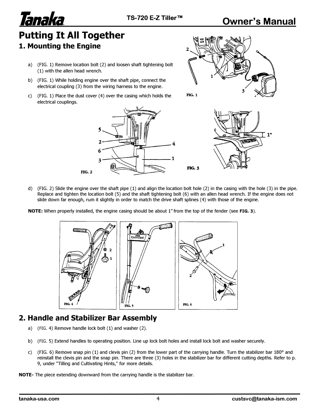 Tanaka TS-720 manual Putting It All Together, Remove handle lock bolt 1 and washer 