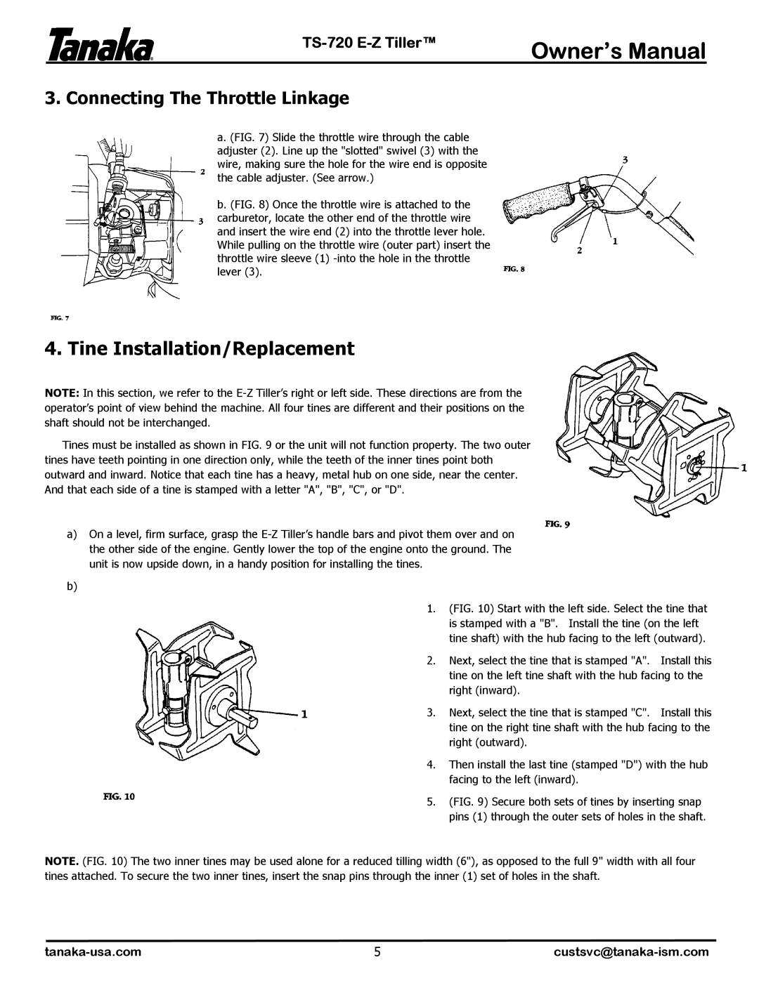 Tanaka TS-720 manual Tine Installation/Replacement 