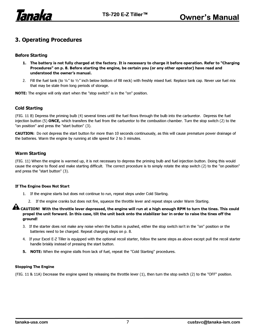 Tanaka TS-720 manual Operating Procedures, Before Starting 