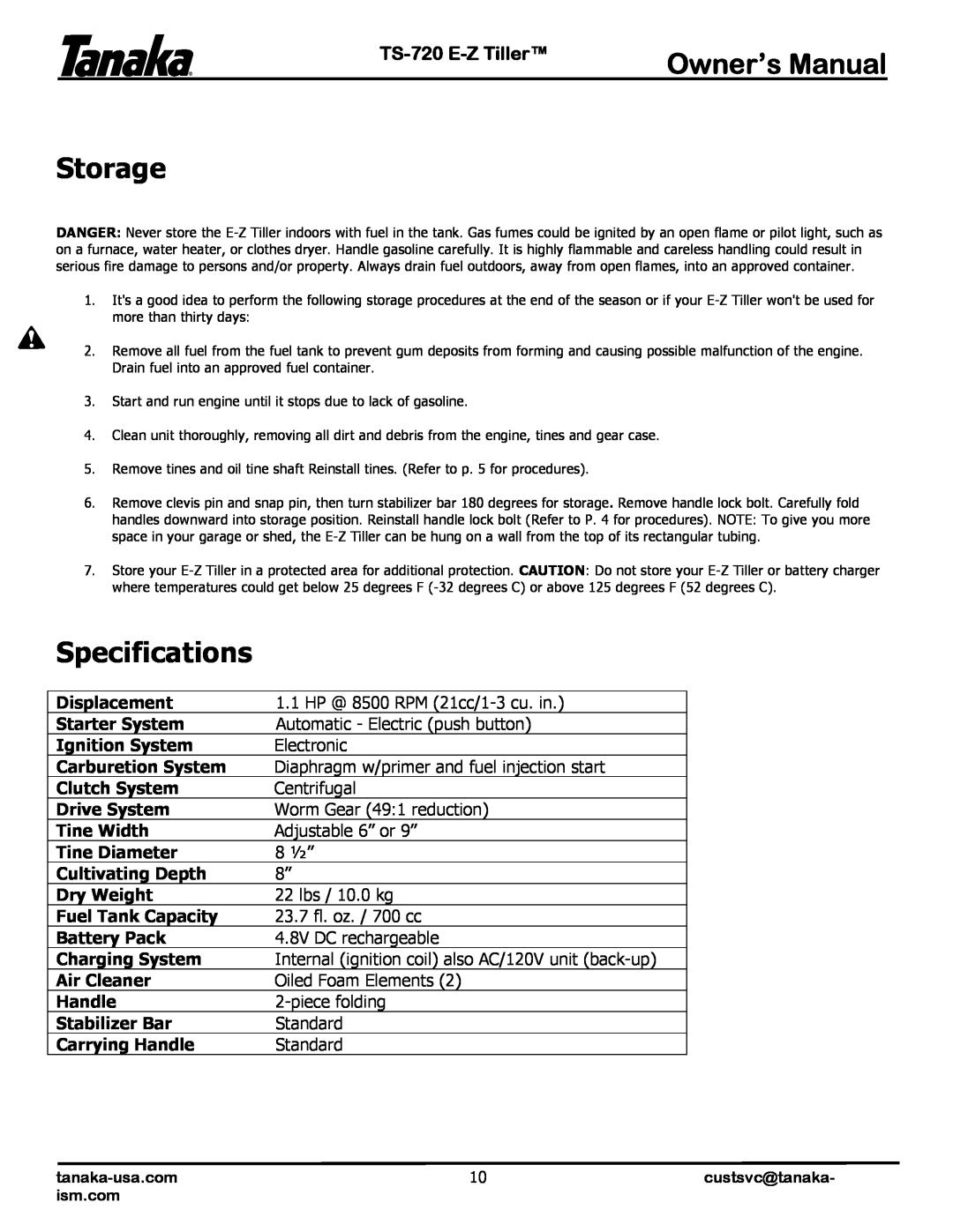 Tanaka manual Storage, Specifications, TS-720 E-ZTiller 