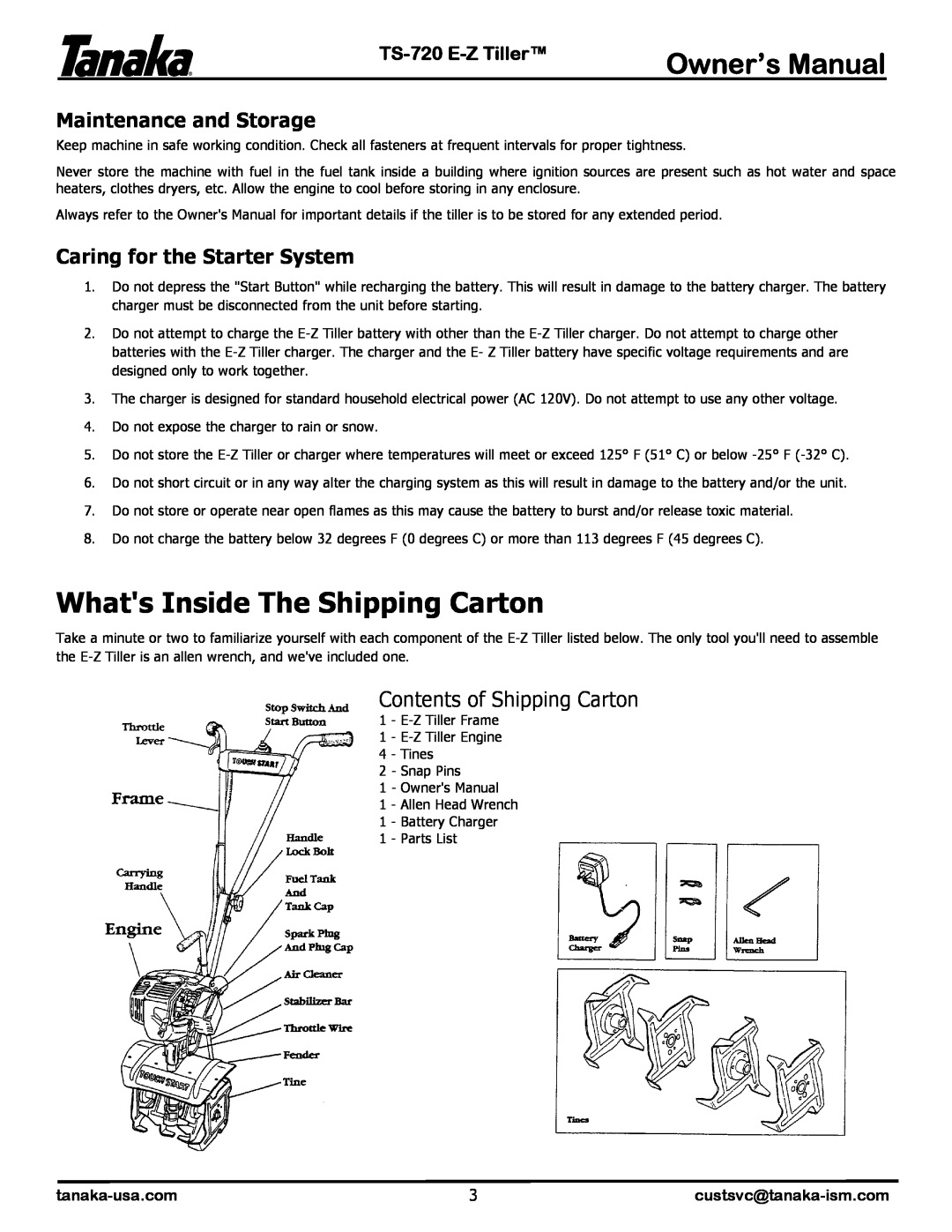 Tanaka manual Whats Inside The Shipping Carton, Maintenance and Storage, Caring for the Starter System, TS-720 E-ZTiller 