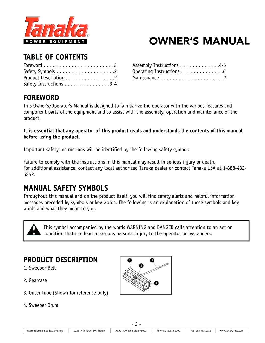 Tanaka TSW-210 owner manual Table of Contents, Foreword, Manual Safety Symbols, Product Description 