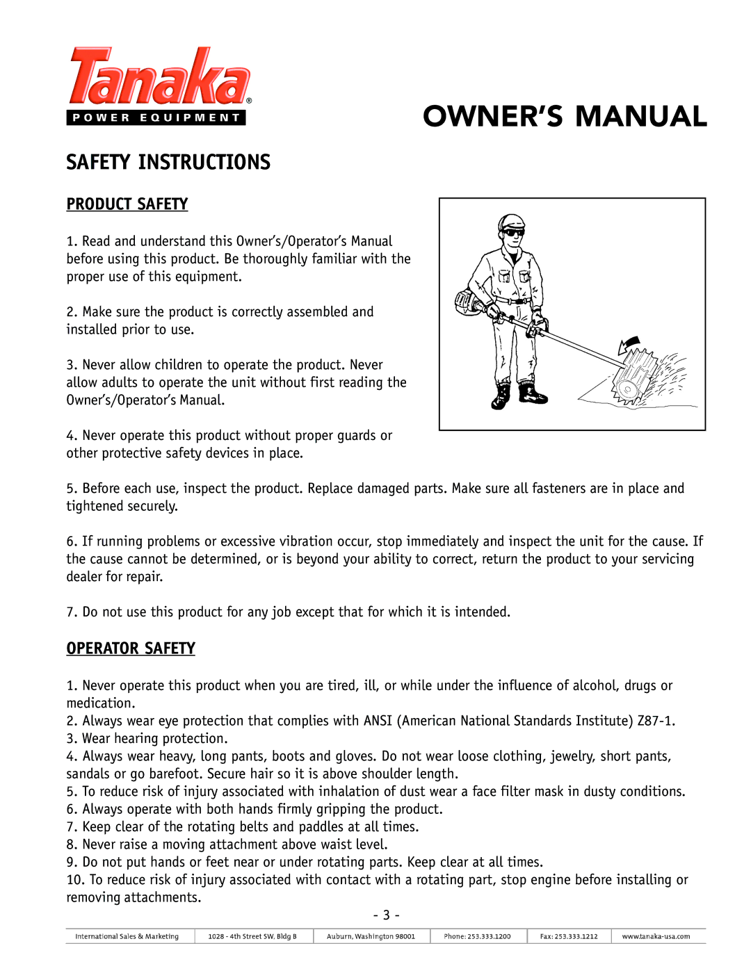 Tanaka TSW-210 owner manual Safety Instructions, Product Safety, Operator Safety 