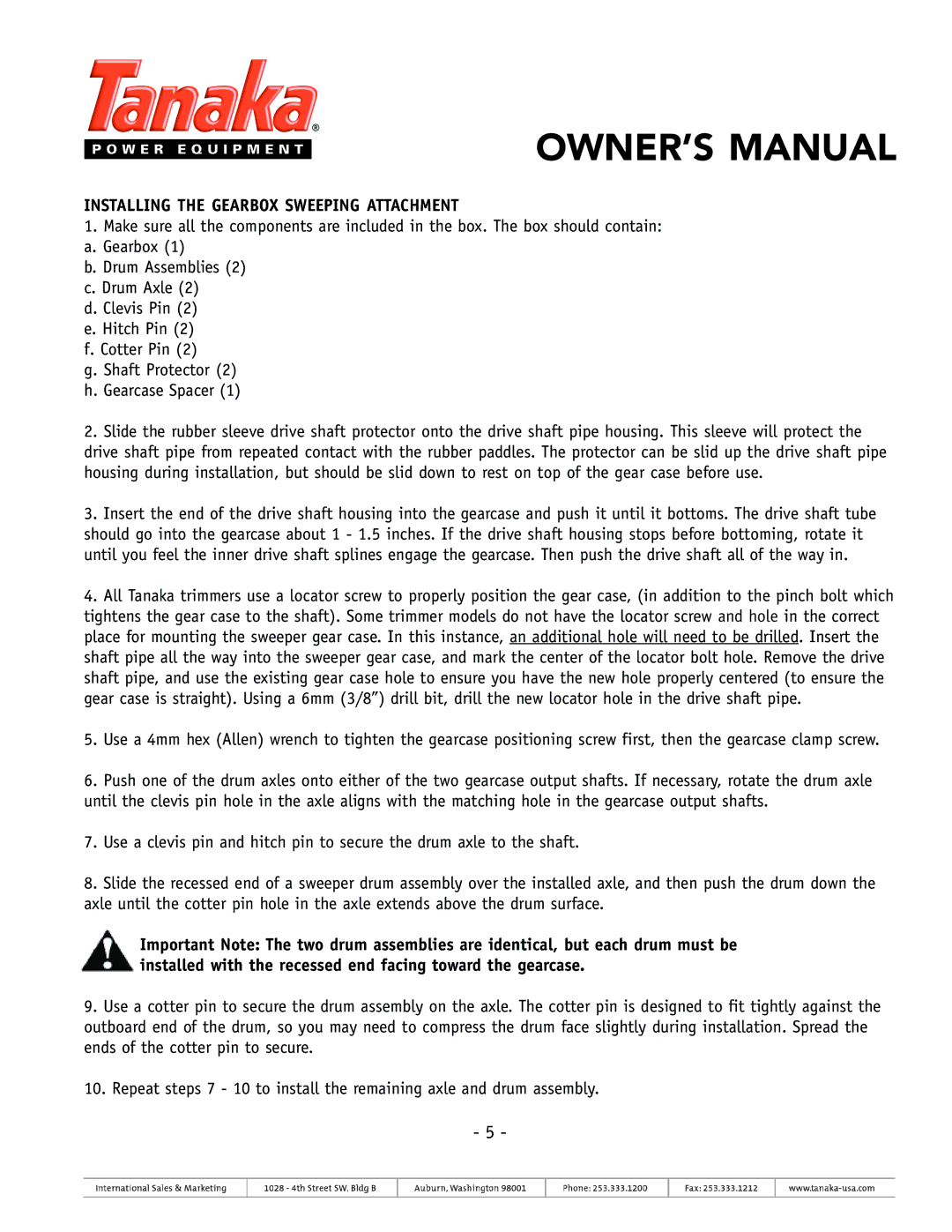 Tanaka TSW-210 owner manual Installing the Gearbox Sweeping Attachment 