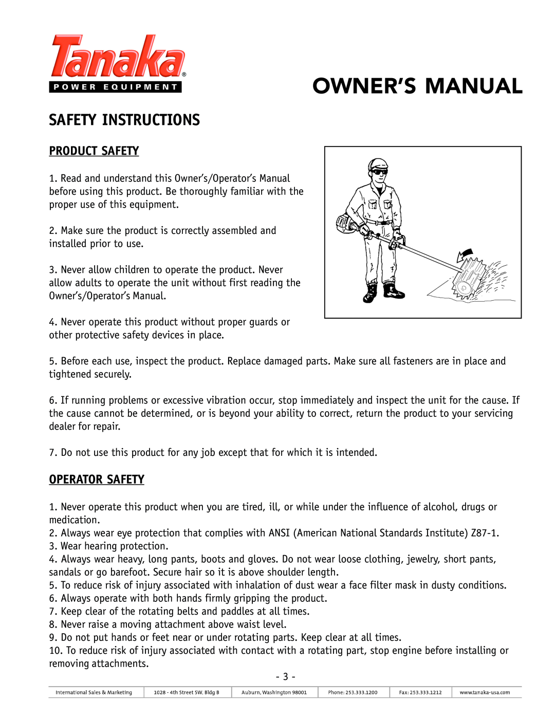 Tanaka TSW-210 owner manual Safety Instructions, Product Safety, Operator Safety 