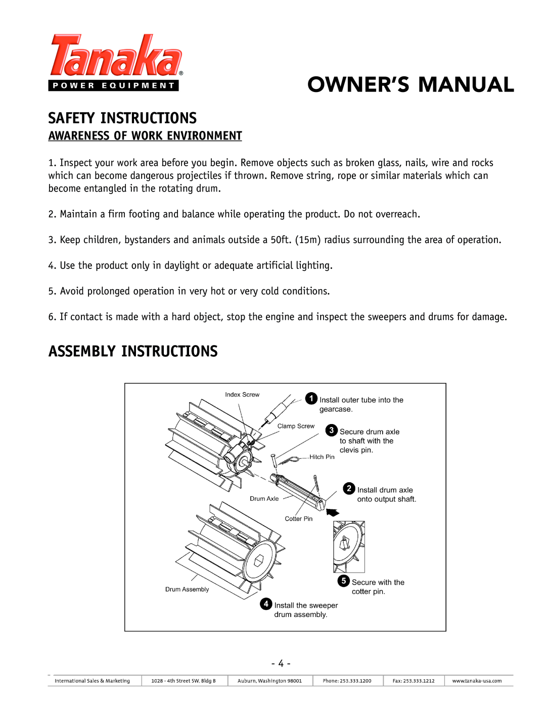 Tanaka TSW-210 owner manual Assembly Instructions, Awareness Of Work Environment, Safety Instructions 