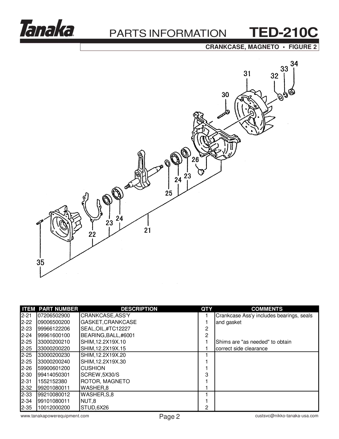 Tanaka T284900, U205952, T277487, U268935 manual CRANKCASE, Magneto Figure, BEARING,BALL,#6001 