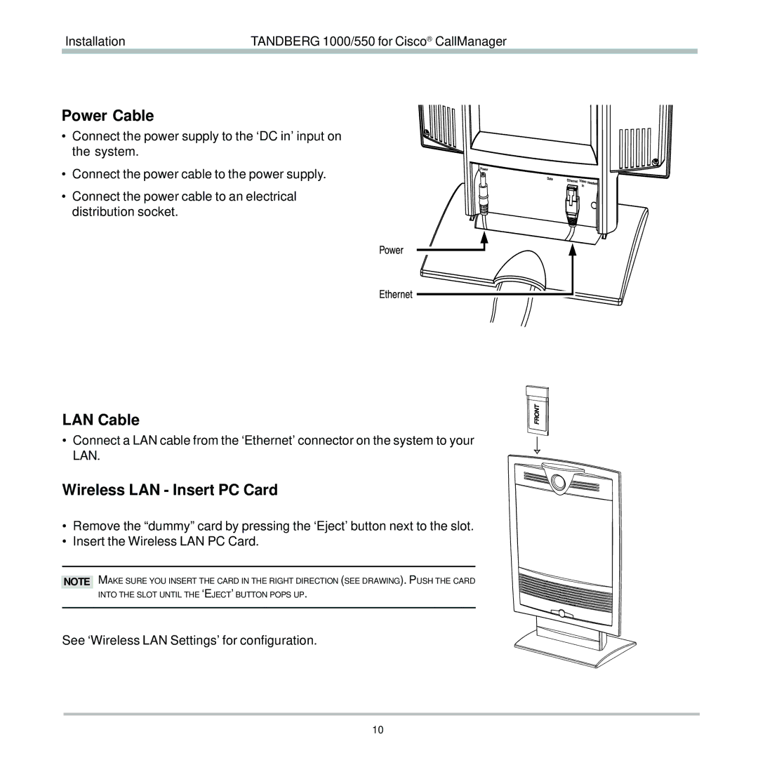 TANDBERG 1000, 550 user manual Power Cable, LAN Cable, Wireless LAN Insert PC Card 