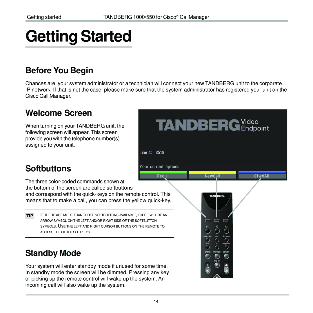 TANDBERG 1000, 550 user manual Getting Started, Before You Begin, Welcome Screen, Softbuttons, Standby Mode 